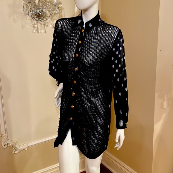 GIANNI VERSACE BLACK SHEER EYELET LACE POLKADOT VINTAGE - Picture 11 of 12